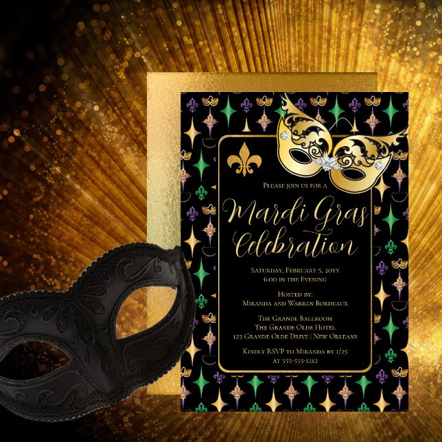 Gold Mask Fleur de Lis Mardi Gras Party  Invitation (Creator Uploaded)