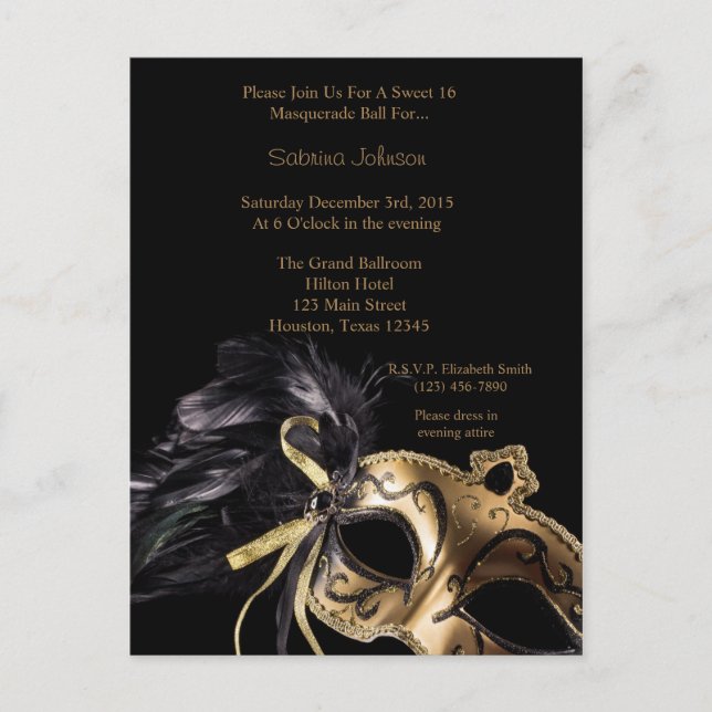 Gold Masquerade Ball Sweet Sixteen Birthday Postcard (Front)