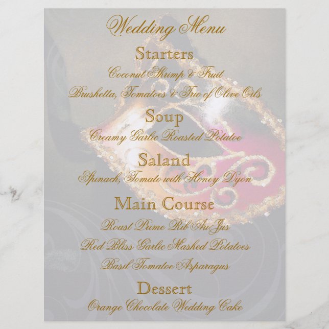 Gold Masquerade Ball Wedding Menu Flyer (Front)
