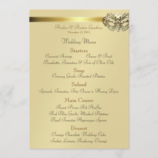 Gold Masquerade Black Jewel Wedding Menu (Front)