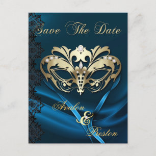 Gold Masquerade Blue Jewel Save The Date Postcard