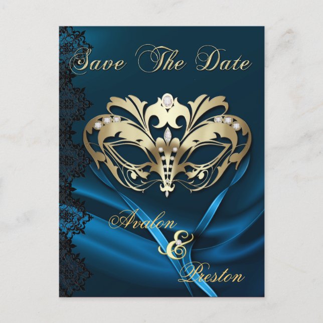 Gold Masquerade Blue Jewel Save The Date Postcard (Front)