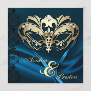 Gold Masquerade Blue Jewelled Wedding Invitation