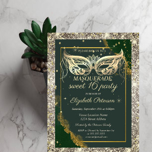 Gold Masquerade Glitter Green Sweet 16  Invitation