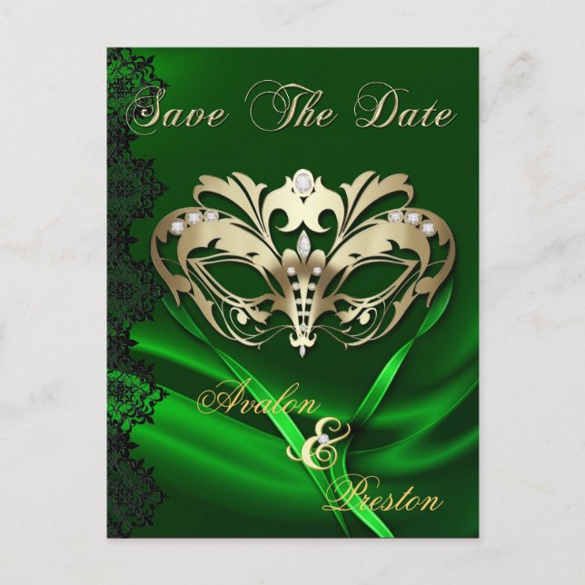 Gold Masquerade Green Jewel Save The Date Postcard (Front)