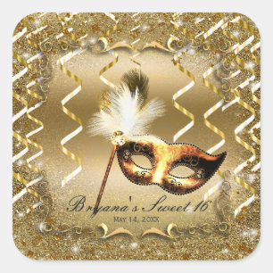 Gold Masquerade Mask Elegant Ball Birthday Party Square Sticker