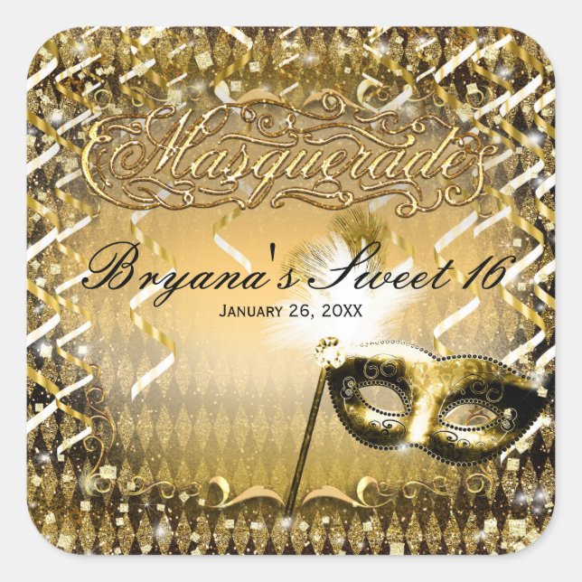 Gold Masquerade Mask Elegant Ball Birthday Party Square Sticker (Front)