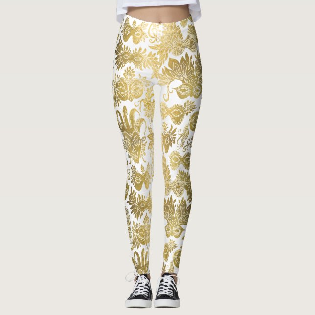 Gold Masquerade Masks on White Pattern Leggings (Front)