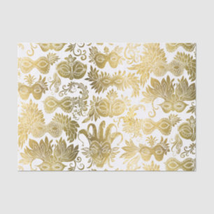 Gold Masquerade Masks on White Pattern Tissue Paper