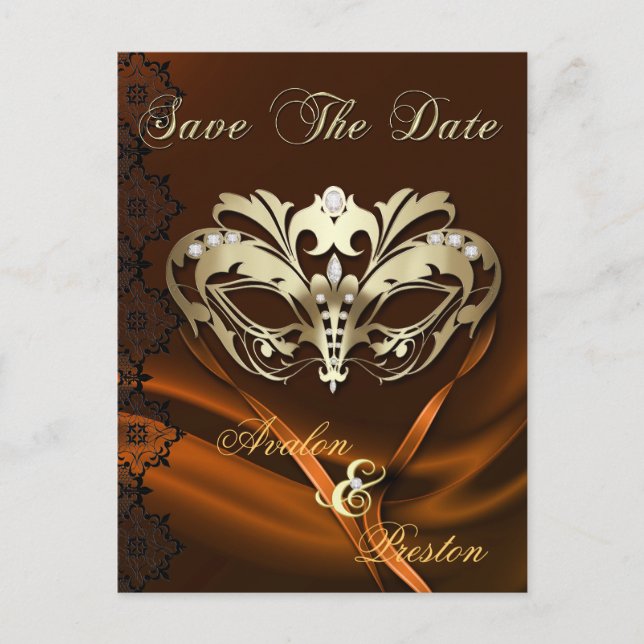 Gold Masquerade Orange Jewel Save The Date Announcement Postcard (Front)