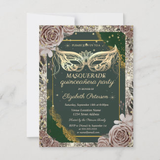 Gold Masquerade Roses Glitter Green Quinceañera Invitation