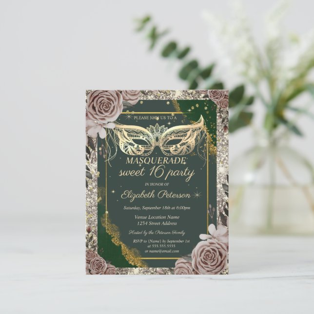 Gold Masquerade Roses Glitter Green Sweet 16  Invitation (Standing Front)