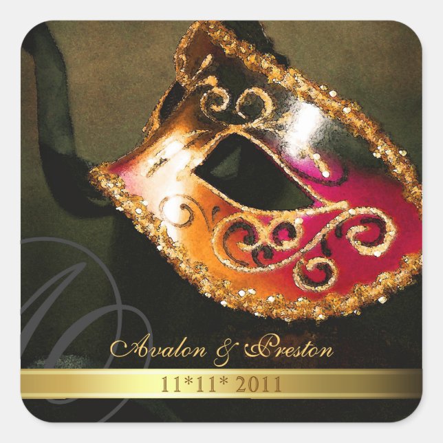 Gold Masquerade Swirl Save The Date Sticker (Front)