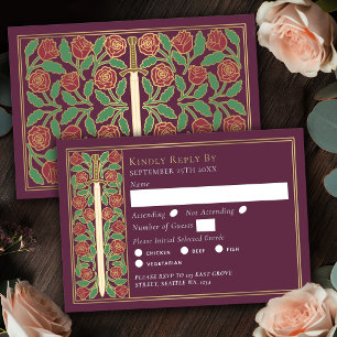 Gold Mauve Medieval Floral Sword Wedding RSVP Card