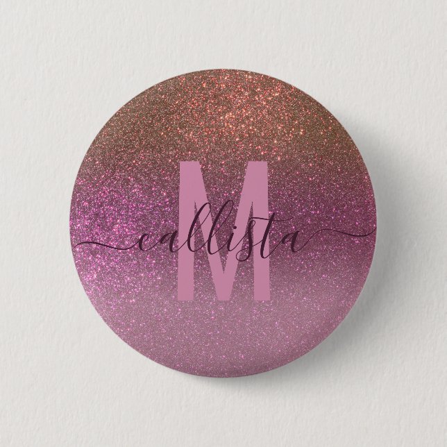 Gold Mauve Purple Sparkly Glitter Ombre Monogram 2 Inch Round Button (Front)