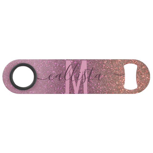 Gold Mauve Purple Sparkly Glitter Ombre Monogram Bar Key (Front (Horizontal))