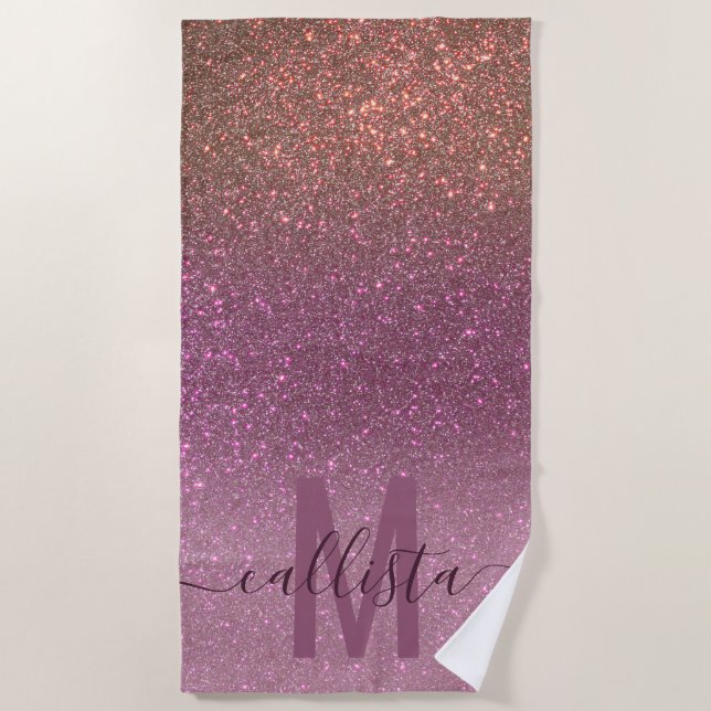 Gold Mauve Purple Sparkly Glitter Ombre Monogram Beach Towel (Front)