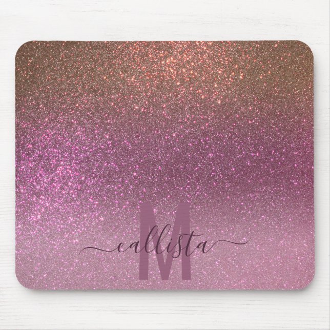 Gold Mauve Purple Sparkly Glitter Ombre Monogram Mouse Pad (Front)