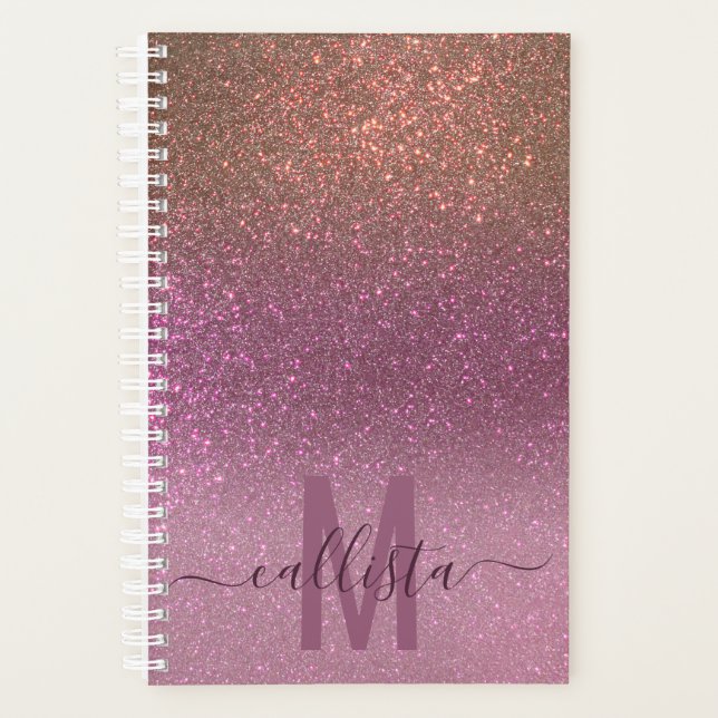 Gold Mauve Purple Sparkly Glitter Ombre Monogram Planner (Front)