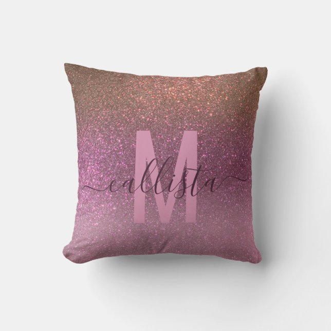 Gold Mauve Purple Sparkly Glitter Ombre Monogram Throw Pillow (Front)