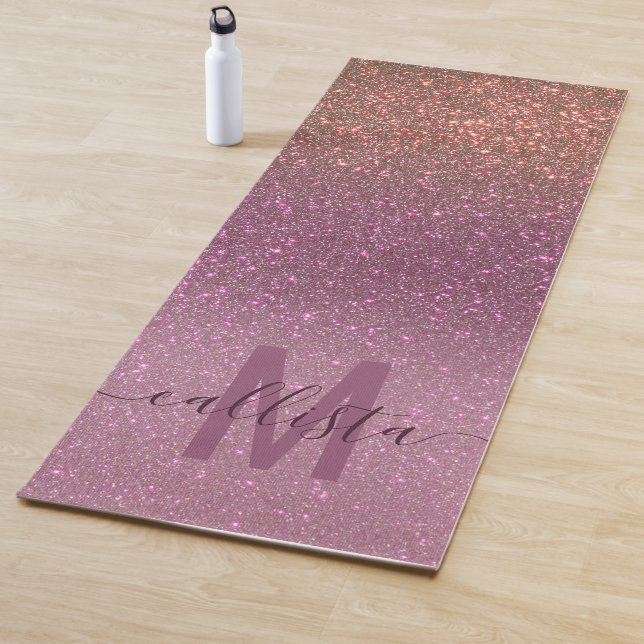 Gold Mauve Purple Sparkly Glitter Ombre Monogram Yoga Mat (In Situ)