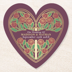 Gold Mauve Royal Medieval Floral Sword Wedding Paper Coaster