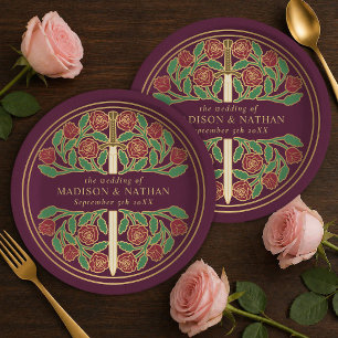 Gold Mauve Royal Medieval Floral Sword Wedding Paper Plate