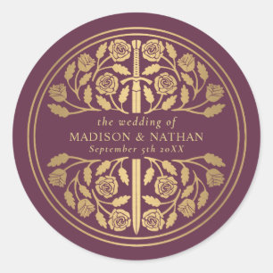 Gold Mauve Royal Medieval Sword Wedding Classic Round Sticker
