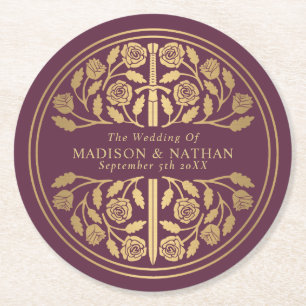 Gold Mauve Royal Medieval Sword Wedding Round Paper Coaster