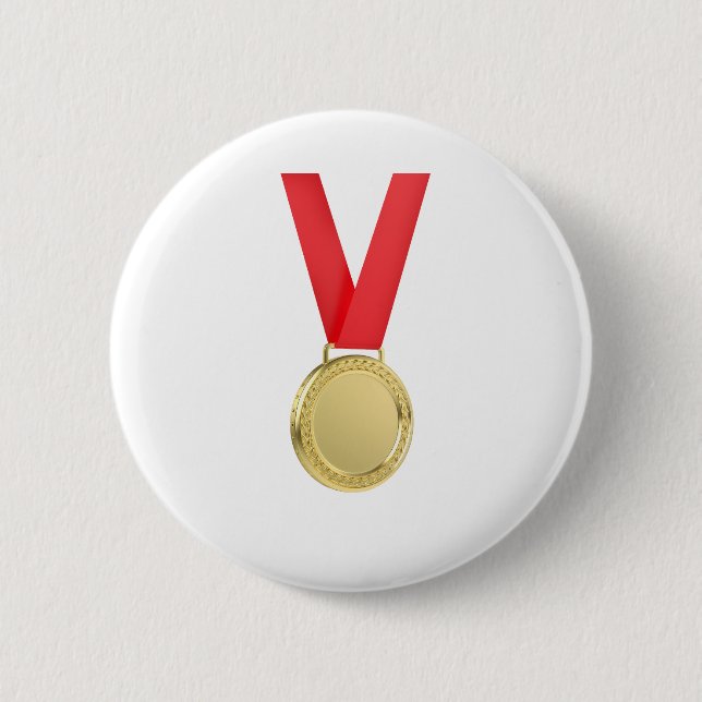 Gold medal with red ribbon 2 inch round button (Front)