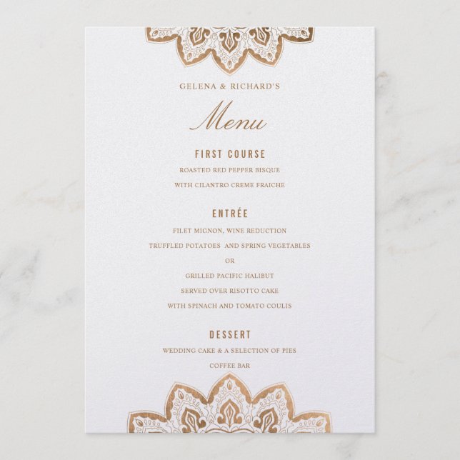 Gold Medallion Shimmer Wedding Menu Card (Front)