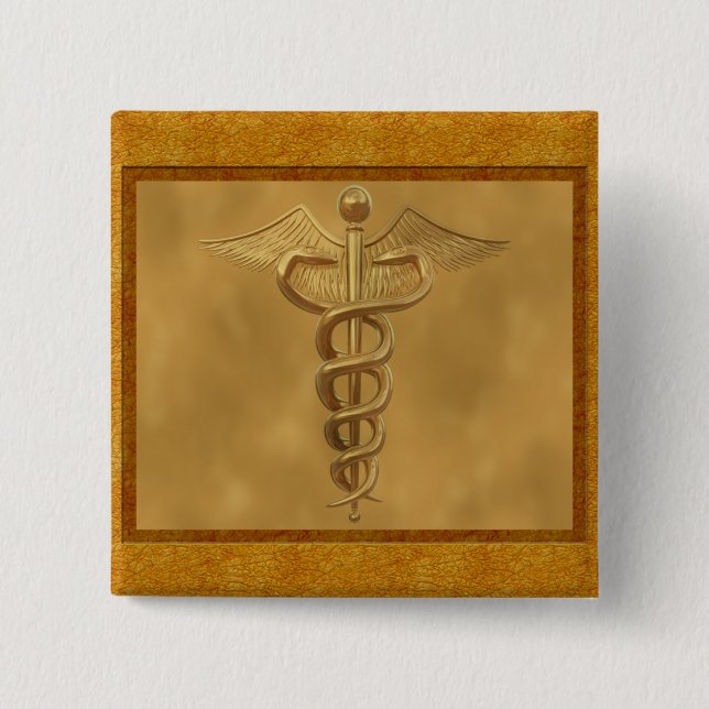Gold Medical Caduceus 2 Inch Square Button (Front)