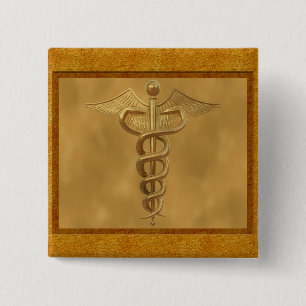 Gold Medical Caduceus 2 Inch Square Button