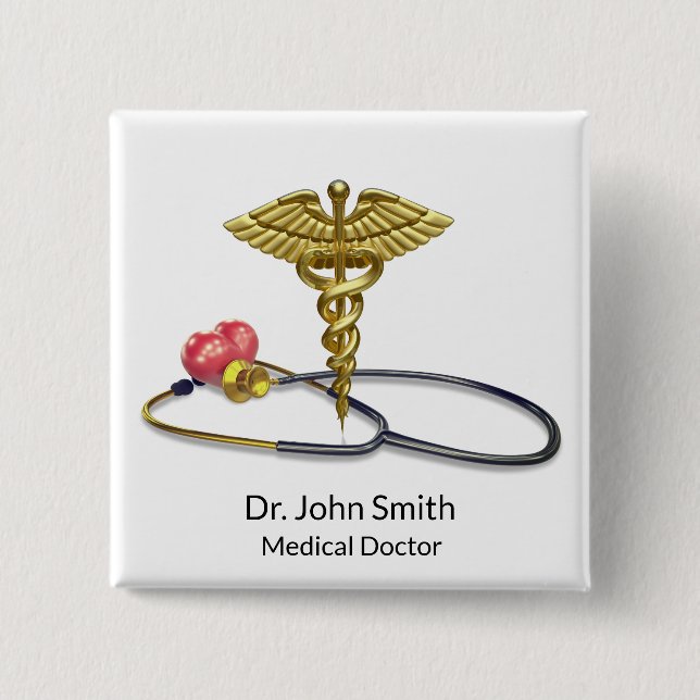 Gold Medical Caduceus & Stethoscope with Heart 2 Inch Square Button (Front)