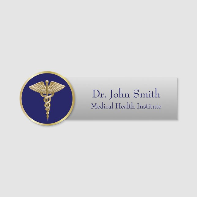 Gold Medical Professional Caduceus Blue Name Tag (Front)
