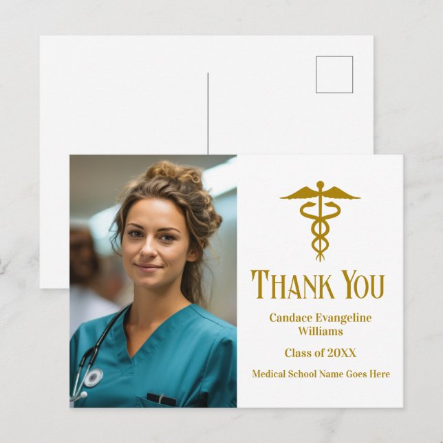 Gold Medical School Graduation Photo Thank You Postcard (Front/Back)