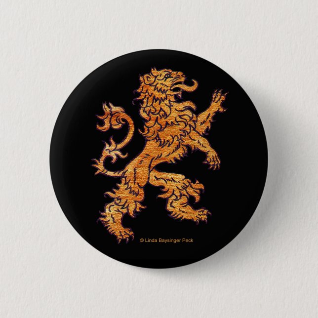 Gold Medieval Lion on Black 2 Inch Round Button (Front)