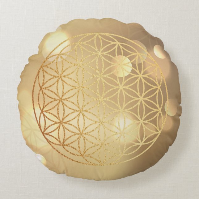 Gold meditation pillow Flower of life sparkles (Front)