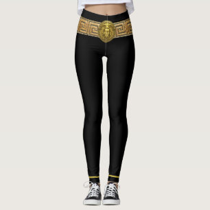 Gold Medusa and Greek Key on Black Leggings