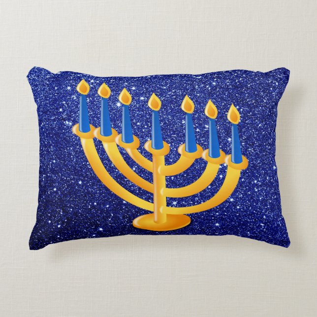 Gold Menorah Blue Faux Glitter Decorative Pillow (Front)