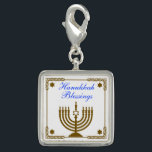 Gold Menorah Charm<br><div class="desc">Square sterling silver-plated charm with an image of a gold menorah in a gold frame with gold Stars of David, and a customizable holiday sentiment. See matching square button, square double-sided acrylic keychain and wrist watch. See the entire Hanukkah Charm collection under the ACCESSORIES category in the HOLIDAYS section.</div>