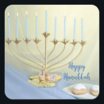 Gold Menorah, Coins & Dreidels Happy Hanukkah Square Sticker<br><div class="desc">Introducing our delightful Hanukkah Celebration Sticker, featuring a harmonious blend of traditional elements that bring the spirit of the Festival of Lights to life! This charming sticker includes a radiant menorah, gleaming coins, a playful dreidel, and tempting doughnuts—all beautifully illustrated to add a touch of warmth and festivity to your...</div>