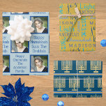 Gold Menorah Typography Photo Blue Hanukkah Wrapping Paper Sheet<br><div class="desc">Shop Hanukkah wrapping paper sheets in a fun assortment of gold Menorah stripes, blue on yellow gold typography and a personalized add your photo design. Upload your photo and personalize two separate text templates on the light pastel blue design. Create some Chanukah cheer by adding your child's name to the...</div>