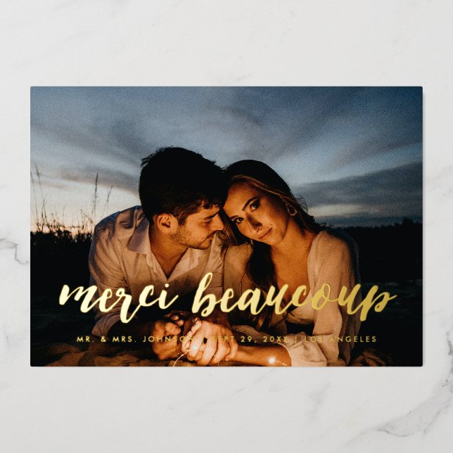 Gold Merci Beaucoup Thank You Photo Card (Front)