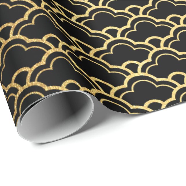 Gold Mermaid Black Scales Art Deco Seashell Lux Wrapping Paper (Roll Corner)