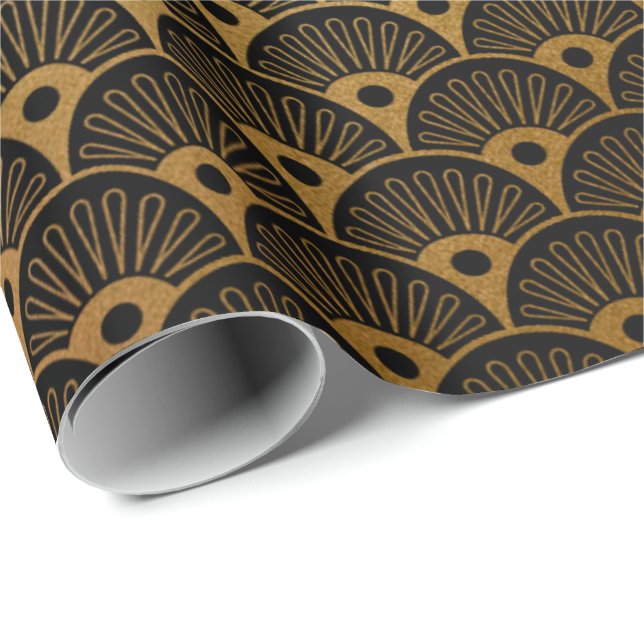 Gold Mermaid Black Scales Art Deco Seashells Wrapping Paper (Roll Corner)