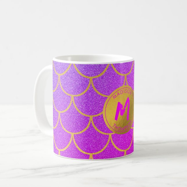 Gold Mermaid Scales Pink Glitter Pattern Monogram Coffee Mug (Front Left)