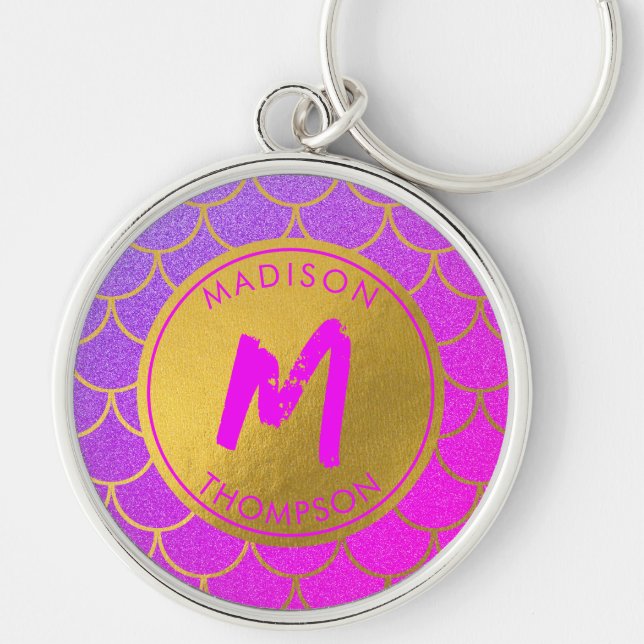 Gold Mermaid Scales Pink Glitter Pattern Monogram Keychain (Front)