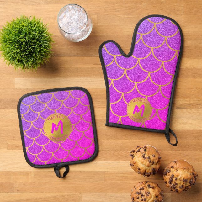 Gold Mermaid Scales Pink Glitter Pattern Monogram  Oven Mitt & Pot Holder Set (Top Down)