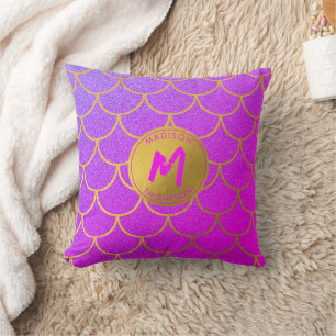 Gold Mermaid Scales Pink Glitter Pattern Monogram Throw Pillow